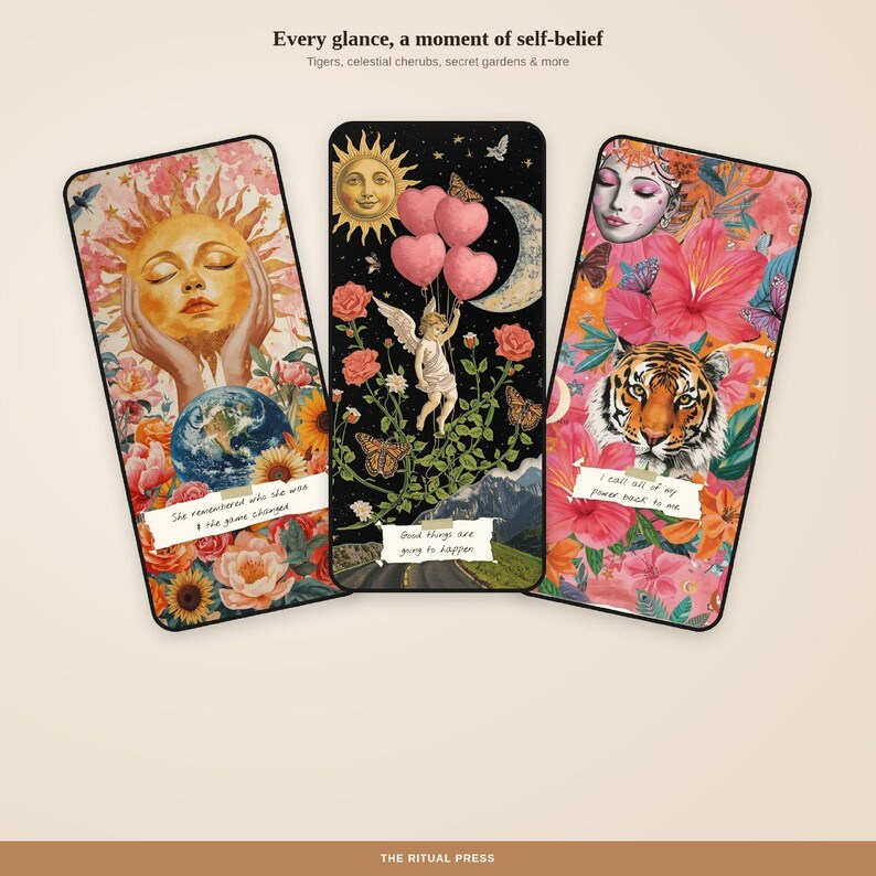Three phone screens with close-up views of mixed media collage wallpapers featuring tropical botanicals, cherubs, and oil painting texture