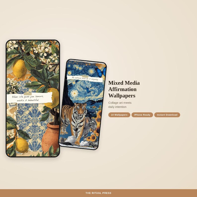 Mixed media digital lockscreen wallpapers with 10 daily affirmations for self-love, manifestation, and empowerment. Botanical, celestial, and vintage-inspired art for iPhone and Android phones, instant digital download.