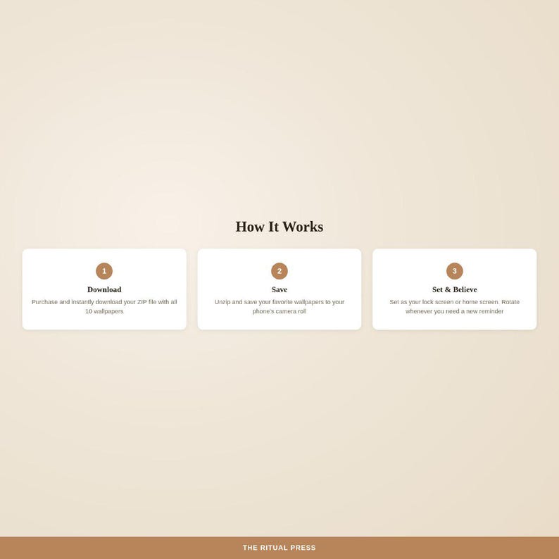 How It Works three-step guide showing download, save to camera roll, and set as lock screen instructions with phone icons
