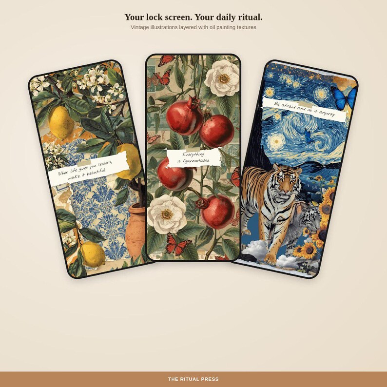 Three phone screens with affirmation lock screen wallpapers featuring tigers, sunflowers, and vintage botanical collage art