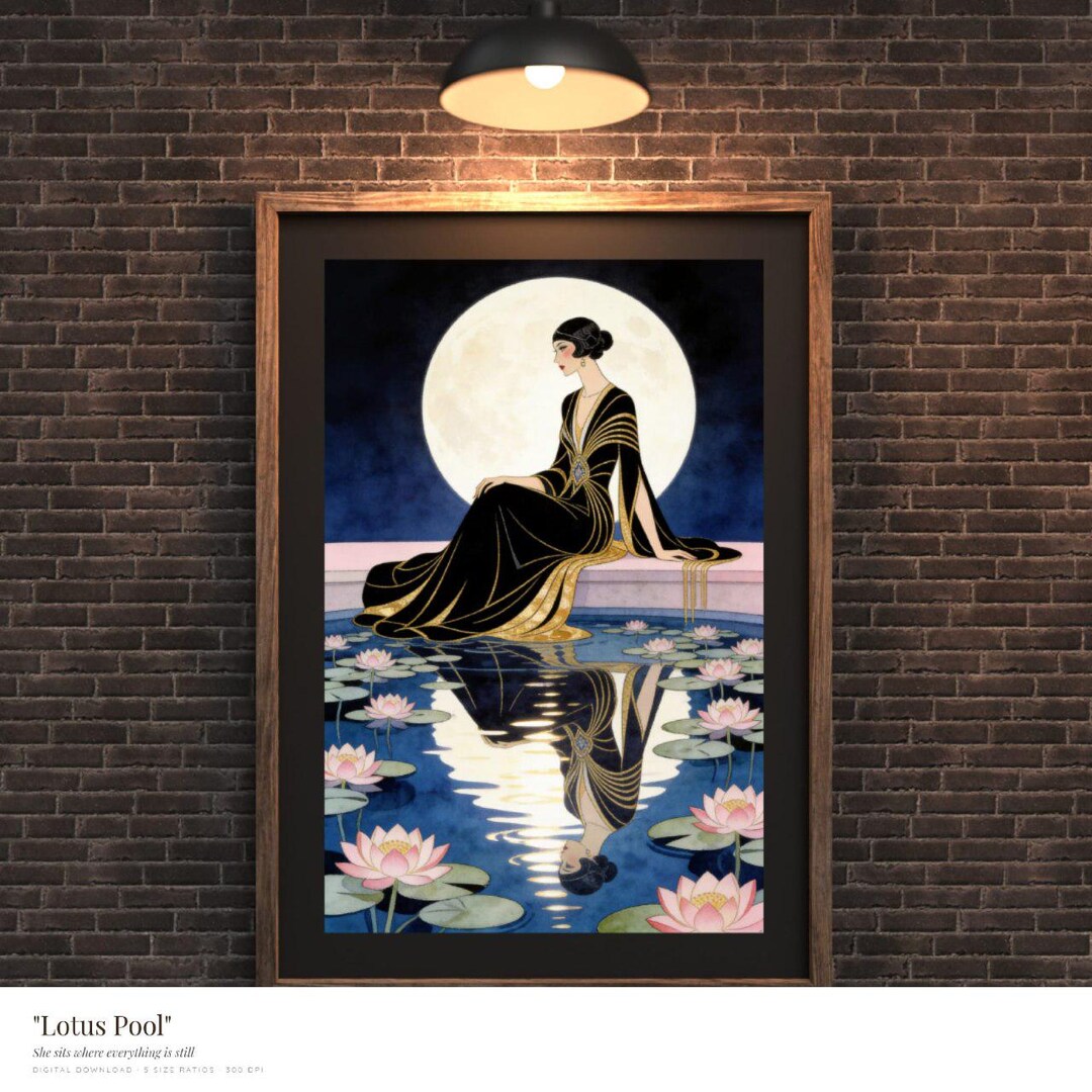 Lotus Pool Art Print, Moonlit Woman Reflecting Pool Illustration