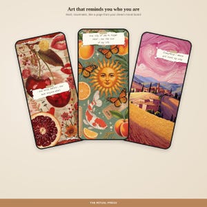 Three phone screens showing mixed media wallpapers with botanical and floral collage designs and self-love affirmation quotes