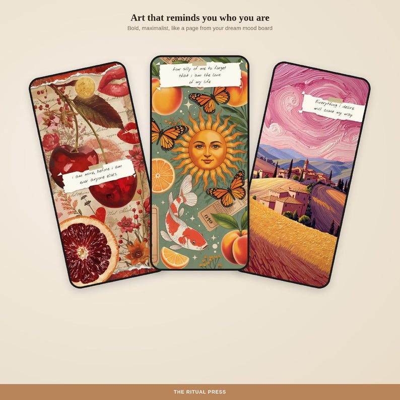 Three phone screens showing mixed media wallpapers with botanical and floral collage designs and self-love affirmation quotes