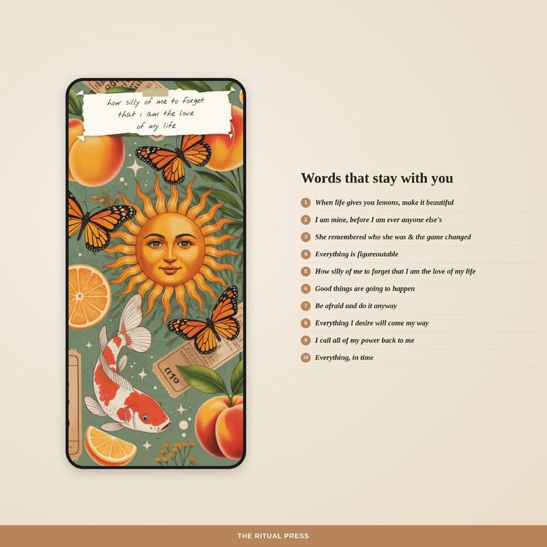 List of ten daily affirmation quotes included in the wallpaper set displayed on a warm beige background with torn paper design