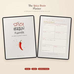 May include: The Spicy Brain Planner, an ADHD planner and toolkit, is displayed open, revealing interior pages. The cover features the title in red and black, with a red chili pepper illustration. The planner is undated and printable.
