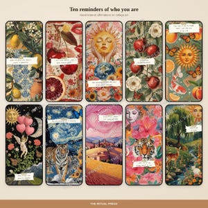 Ten phone screens displaying mixed media collage wallpapers with vintage botanical illustrations, celestial imagery, and affirmation quotes in vibrant colors