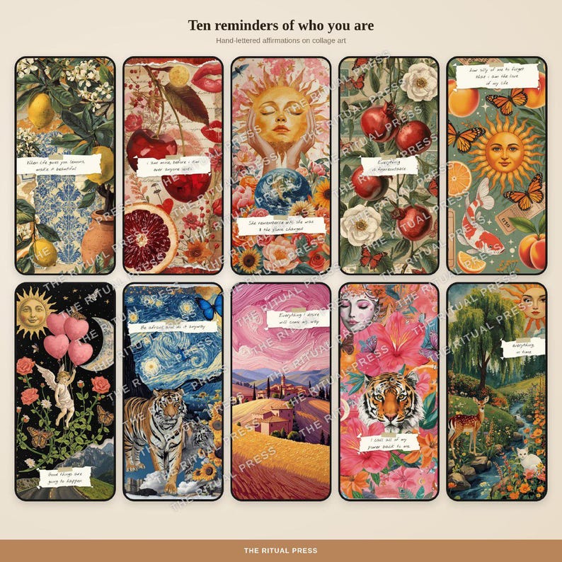 Ten phone screens displaying mixed media collage wallpapers with vintage botanical illustrations, celestial imagery, and affirmation quotes in vibrant colors