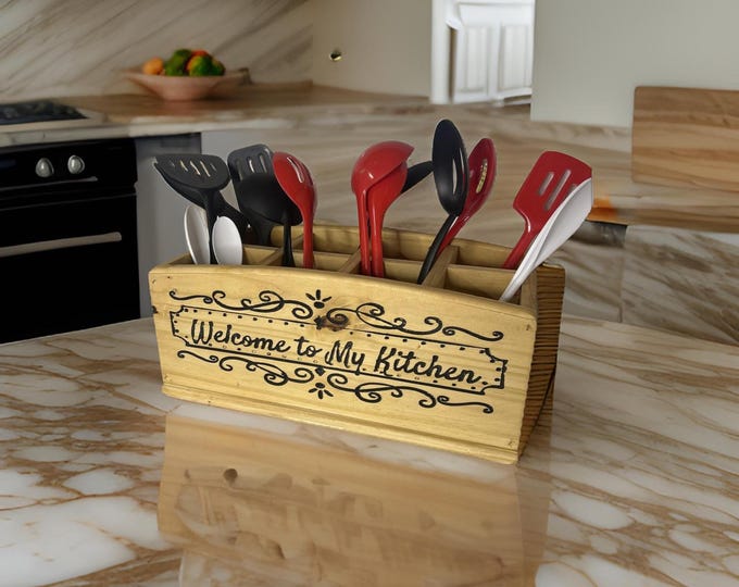 farmhouse Utensil Holder | Rustic Kitchen Organizer | Wooden Cooking Tool Caddy | Welcome to My Kitchen Decor | Custom Kitchen Gift