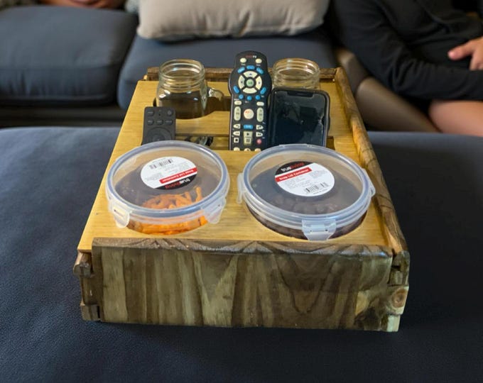 Couch Organizer Tray | Snack & Remote Holder | Wooden Sofa Caddy | Tray Organizer | Living Room Organizer | Gift for Him | Movie Night Tray