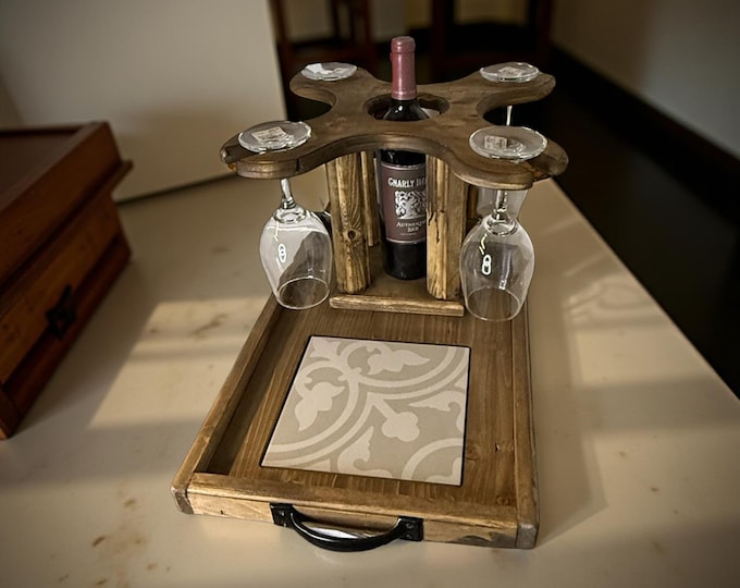 Rustic Wooden Wine Serving Tray with Glass Holder, Farmhouse Decor