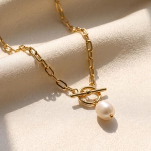 May include: A gold-toned necklace featuring a chain of elongated oval links connected to a circular toggle clasp. A single, smooth, off-white oval pearl hangs from the bottom of the toggle ring, creating a simple and balanced pendant design.