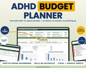 Könnte beinhalten: ADHD BUDGET PLANNER digitales Tool mit einem zentralen Dashboard, das einen sicheren Ausgabebetrag von 2.462,02, 9 Reiter, eine 48-Stunden-Regel und einen gesparten Betrag von 123,99 anzeigt. Enthält Ausgabendiagramme und eine Liste von Pausen.