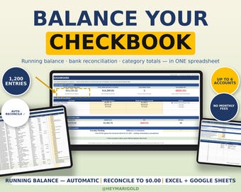 Könnte beinhalten: Eine digitale Tabellenkalkulationsvorlage zum Ausgleichen von Scheckbüchern mit Dashboard und Transaktionsprotokollen. Der Text enthält BALANCE YOUR CHECKBOOK, 1,200 ENTRIES, UP TO 6 ACCOUNTS, AUTO RECONCILE und NO MONTHLY FEES.