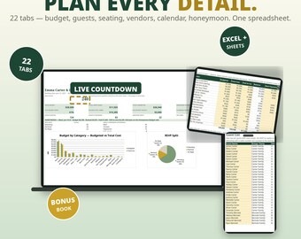 Könnte beinhalten: Eine digitale Hochzeitsplaner-Tabelle mit dem Titel HEYMARIGOLD WEDDING PLANNER PRO. Sie enthält 22 Registerkarten für Budget, Gäste und Dienstleister, einen Live-Countdown, ein Budget-Balkendiagramm, ein Tortendiagramm und eine Gästeliste.
