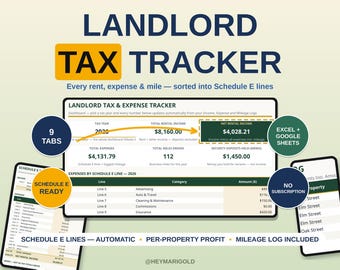 Könnte beinhalten: Eine digitale Landlord Tax Tracker Tabellenvorlage mit einem Dashboard für Gesamteinnahmen aus Vermietung, Ausgaben und Kilometerstand. Die Benutzeroberfläche umfasst neun Registerkarten, Schedule E-Kategorisierung und Excel- sowie Google Sheets-Kompatibilität.