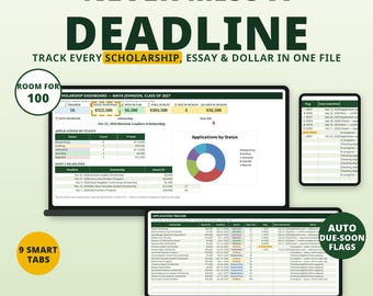 Könnte beinhalten: Eine digitale Stipendien-Dashboard-Vorlage auf einem Laptop- und Tablet-Bildschirm. Die Benutzeroberfläche enthält Tabellen, ein Kreisdiagramm und Spalten zur Nachverfolgung von Fristen, Stipendienbeträgen und Bewerbungsstatus. Der Text umfasst NEVER MISS A DEADLINE, TRACK EVERY SCHOLARSHIP, ESSAY & DOLLAR IN ONE FILE, ROOM FOR 100, 9 SMART TABS und AUTO DUE-SOON FLAGS.