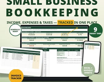 Könnte beinhalten: Eine digitale Buchhaltungsvorlage für kleine Unternehmen für Excel und Google Sheets. Das Dashboard zeigt Einnahmen, Ausgaben, Steuern und Nettogewinn. Enthält einen Rechnungs-Tracker, 9 intelligente Registerkarten und Text zu Schedule C Ready und Invoice Tracker.