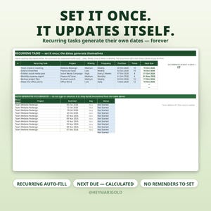May include: A digital spreadsheet template for recurring tasks with the text SET IT ONCE. IT UPDATES ITSELF. The table displays columns for task, project, priority, frequency, and dates, with an auto-generated occurrences list below.