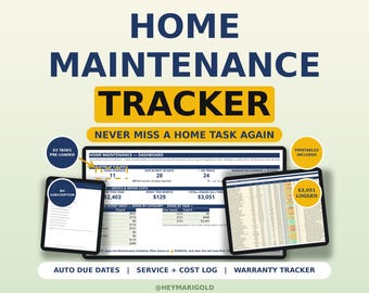 Könnte beinhalten: Eine digitale Haushaltswartungs-Tracker-Tabelle mit einem Dashboard für Aufgabenübersichten, Service- und Reparaturkostenprotokolle sowie Garantieüberwachung. Die Oberfläche enthält Texte wie HOME MAINTENANCE TRACKER und 3,051 LOGGED.