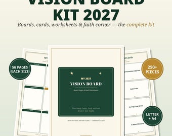 Könnte beinhalten: Ein Vision Board Kit 2027 mit Boards, Karten und Arbeitsblättern. Das Set enthält 56 Seiten, über 250 Teile und ist in den Formaten Letter und A4 erhältlich. Das Design verwendet Dunkelgrün und Creme mit Texten wie Vision Board Kit 2027, My 2027 Vision Board und Habakkuk 2:2.