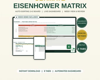 Könnte beinhalten: Eine digitale Eisenhower-Matrix-Vorlage für Excel und Google Sheets mit einem automatisch sortierenden 2x2-Board, Live-Dashboard und Wochenansicht. Die Anzeige zeigt Aufgabenlisten in vier Quadranten, mit runden Abzeichen für 4 Quadranten, 200 Aufgaben und 8 Registerkarten. Enthält eine Videodemo und automatisierte Dashboard-Funktionen.