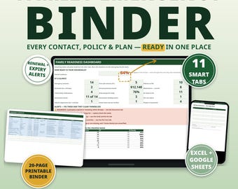 Könnte beinhalten: Ein digitales Notfallordner-System für Familien mit einem Bereitschafts-Dashboard, Notfallkontakten und mobiler Ansicht. Enthält 11 intelligente Registerkarten, einen druckbaren 20-seitigen Ordner sowie Kompatibilität mit Excel und Google Sheets.
