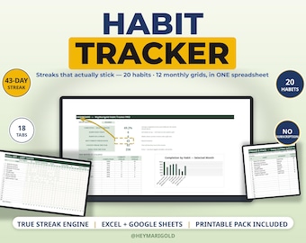 May include: A digital habit tracker spreadsheet for Excel and Google Sheets featuring a dashboard, monthly grids, and statistics. Text includes HABIT TRACKER, 43-DAY STREAK, 20 HABITS, 18 TABS, NO SUBSCRIPTION, and TRUE STREAK ENGINE.