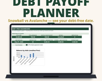 Könnte beinhalten: Ein digitaler Schuldenabbauplaner auf einem Laptop-Bildschirm. Das Dashboard zeigt Finanzdaten wie Gesamtschulden, monatliches Budget und ein Balkendiagramm mit dem Titel Balance by debt. Der Text lautet Debt Payoff Planner und Snowball vs Avalanche.