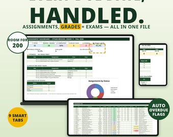 Könnte beinhalten: Eine digitale Tabellenvorlage für Aufgabenverwaltung mit dunkelgrünen Kopfzeilen, Tabellen für Noten, Prüfungen und Fälligkeitstermine, inklusive Text wie EVERY DUE DATE, HANDLED, ROOM FOR 200, 9 SMART TABS und AUTO OVERDUE FLAGS.