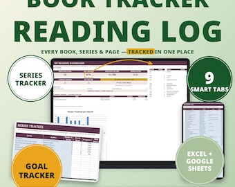 May include: A digital book tracker reading log template for Excel and Google Sheets. The display shows a reading dashboard, series tracker, and goal tracker with 9 smart tabs. Text includes BOOK TRACKER READING LOG, EVERY BOOK, SERIES & PAGE — TRACKED IN ONE PLACE, and HEYMARIGOLD.