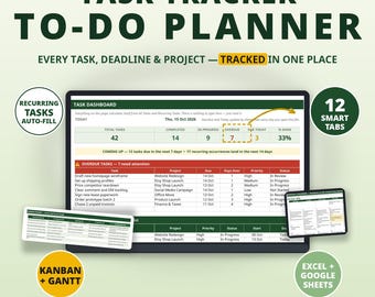 Könnte beinhalten: Eine digitale Aufgabenverfolgung und To-Do-Planer-Vorlage mit einem Dashboard für Aufgabenmetriken, einschließlich erledigter, laufender und überfälliger Punkte. Enthält eine Projektliste, Kanban- und Gantt-Ansichten sowie 12 Reiter für Excel und Google Sheets.