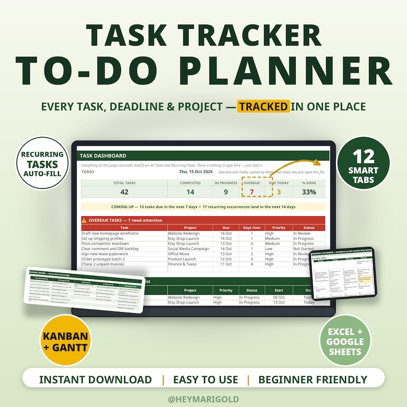 Task tracker spreadsheet dashboard in Excel and Google Sheets with task counters, overdue alerts, today's tasks list and project progress, shown on laptop, tablet and phone