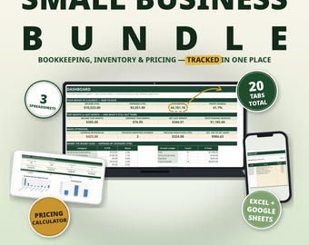 Könnte beinhalten: Ein digitales Tabellenkalkulations-Set für Kleinunternehmen mit Dashboard, Preiskalkulator und Bestandsverfolgung. Die Anzeige zeigt Finanzdaten, Einnahmen, Ausgaben und Gewinnspannen auf Laptop-, Tablet- und Smartphone-Bildschirmen.