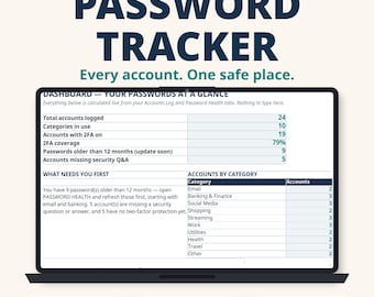 May include: A digital password tracker dashboard displayed on a laptop screen. The interface shows account statistics, 2FA coverage, and categories like email, banking, and social media. Text includes PASSWORD TRACKER, Every account. One safe place.