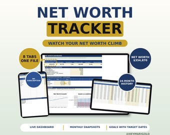 Könnte beinhalten: Ein digitaler Nettovermögens-Tracker als Tabellenkalkulation auf einem Computermonitor, einem Tablet und einem Laptop-Bildschirm. Die Benutzeroberfläche zeigt ein Dashboard mit Finanzdaten, Diagrammen und Tabellen. Der Text umfasst NET WORTH TRACKER, 8 TABS ONE FILE, NO SUBSCRIPTION, NET WORTH $354,870, 24-MONTH HISTORY, LIVE DASHBOARD, MONTHLY SNAPSHOTS und GOALS WITH TARGET DATES.