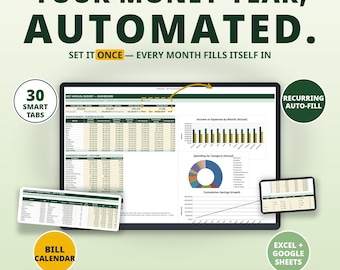 Könnte beinhalten: Eine digitale Budget-Tabellenvorlage mit dem Text YOUR MONEY YEAR, AUTOMATED. SET IT ONCE—EVERY MONTH FILLS ITSELF IN. Enthält 30 SMART TABS, RECURRING AUTO-FILL, BILL CALENDAR, EXCEL + GOOGLE SHEETS, INSTANT DOWNLOAD, NO MACROS, BEGINNER FRIENDLY.