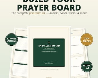 Könnte beinhalten: Ein druckbares Gebetsboard-Set mit dunkelgrünen und cremefarbenen Seiten, das Text wie BUILD YOUR PRAYER BOARD, 57 PAGES EACH SIZE, 220+ PIECES und LETTER + A4 enthält. Das Set umfasst Boards, Karten und Verse für die tägliche Gebetsorganisation.