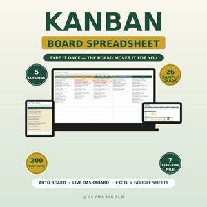 May include: A digital Kanban board spreadsheet template for Excel and Google Sheets. The graphic displays a main board, a task list, and a dashboard, featuring text labels like 5 COLUMNS, 26 SAMPLE CARDS, 200 TASK ROWS, and 7 TABS ONE FILE.