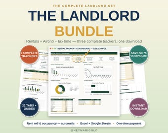 Könnte beinhalten: Das Landlord Bundle ist ein digitales Tabellenkalkulations-Set mit drei Trackern für Vermietungen, Airbnb und Steuerzeiten. Das Dashboard enthält Diagramme, Einnahmen- und Ausgabentabellen sowie 22 Registerkarten mit Anleitungen für Excel und Google Sheets.
