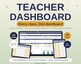 Könnte beinhalten: Eine digitale Lehrer-Dashboard-Tabellenvorlage mit dem Text TEACHER DASHBOARD, Every class. One dashboard, und Grades, attendance, lesson plans & parent follow-ups — in ONE simple spreadsheet. Enthält Datenvisualisierungen, 84 Schüler, 10 Reiter und kein Abonnement.