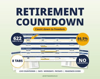 Könnte beinhalten: Ein digitales Dashboard für den Ruhestands-Countdown mit dem Text RETIREMENT COUNTDOWN und Count down to freedom. Die Oberfläche zeigt 622 verbleibende Tage, 86,5% des Sparziels, 8 Reiter und kein Abonnement. Es verfolgt Ersparnisse und Meilensteine.