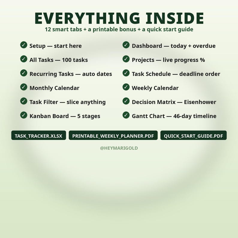 May include: A digital task tracker overview featuring the text EVERYTHING INSIDE, 12 smart tabs, a printable bonus, and a quick start guide. It lists features like Setup, All Tasks, Recurring Tasks, Calendars, Kanban Board, Dashboard, and Gantt Chart.