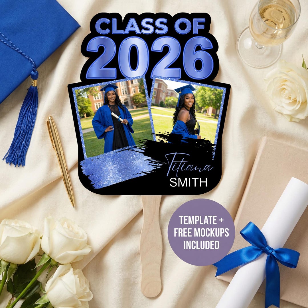 Grad Fan Template | 2026 Graduate | Photo Paddle Fan | Blue and Black ...