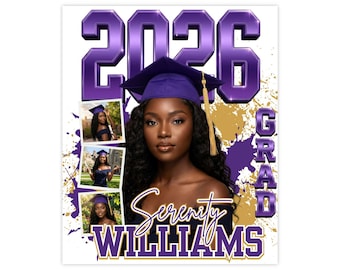 May include: A graduation template featuring a portrait of a woman wearing a graduation cap. The design includes the year "2026" in large purple letters, the name "Serenity Williams", and the word "GRAD". The template includes the text "GRADUATION TEMPLATE. EDIT IN CANVA."