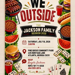 Könnte beinhalten: Ein Flyer für das Jackson Familientreffen 2026 am Samstag, den 18. Juli 2026, um 15:00 Uhr im Pine Grove Community Park, Atlanta, Georgia. Das Design zeigt Illustrationen von Grillrippchen, Burgern, Hotdogs, Wassermelone, Dominosteinen und Spielkarten.