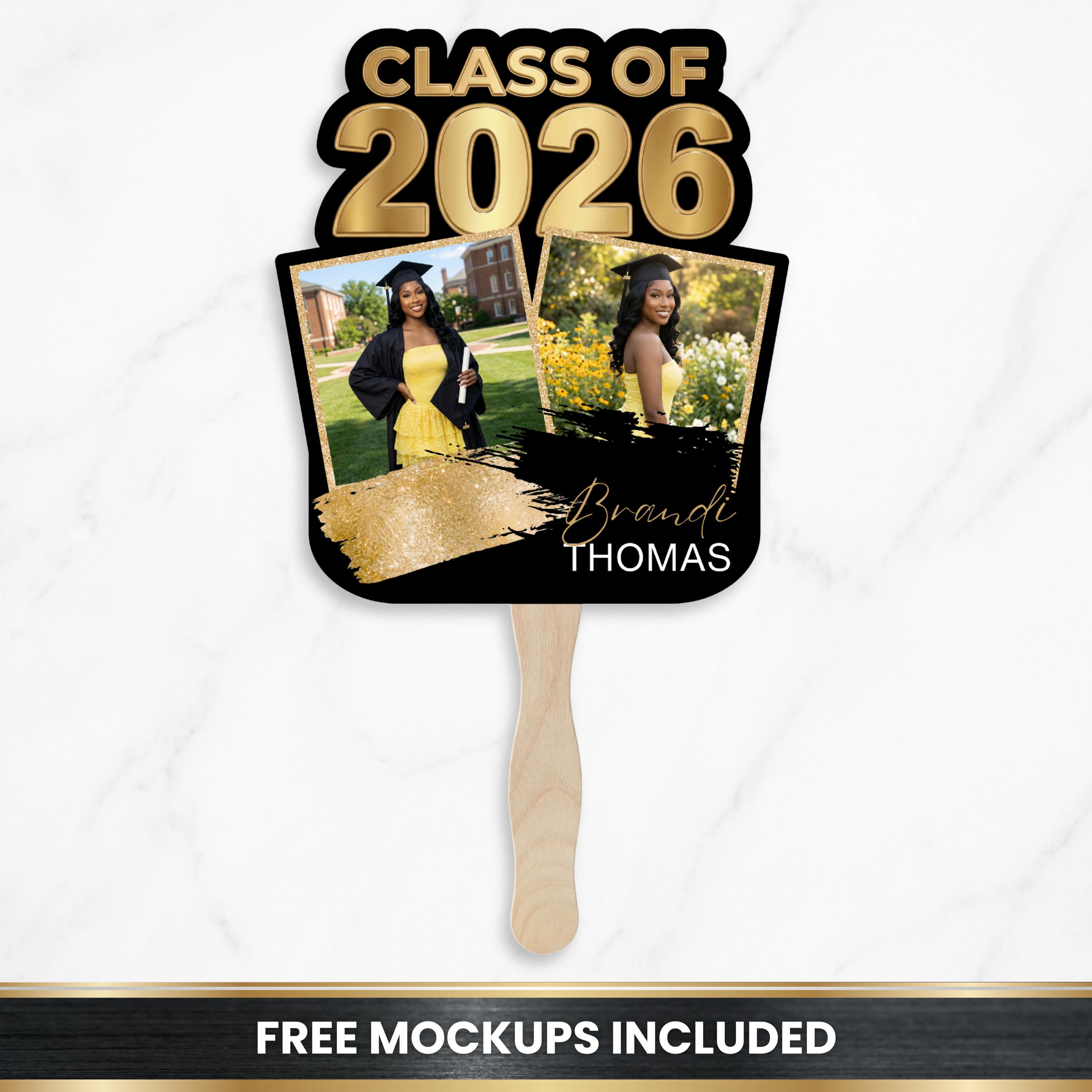 Grad Fan Template | Class of 2026 | Photo Paddle Fan | Gold and Black ...