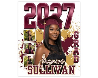 May include: A graduation template featuring the text GRADUATION TEMPLATE. EDIT IN CANVA. and FREE MOCKUPS INCLUDED. The design displays the year 2027 in large maroon font, three small photos of a graduate, and a large portrait of a graduate in a maroon cap.