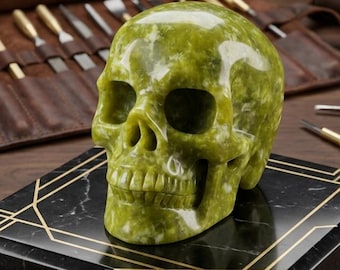 4.5" Natural Xiuyan Jade Hand Carved Crystal Skull Sculpture, Heart Chakra Stone, Home Decor, Gemstone Gift