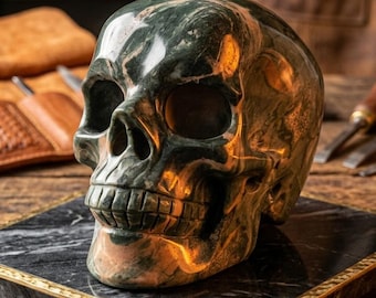 4.5" Natural Nine Dragon Jade Hand Carved Crystal Skull Sculpture, Home Decor, Gemstone Gift