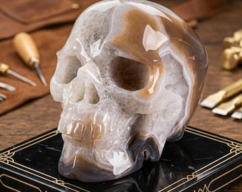 6.8" Natural Geode Agate Hand Carved Crystal Skull Sculpture, Home Decor, Gemstone Gift